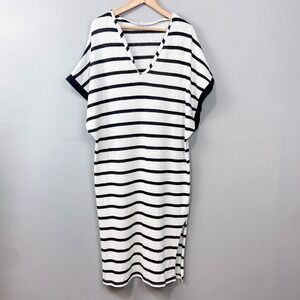 Zara Knit Midi Dress Size L Striped Black Ivory V Neck Short Sleeve Beach Kaftan